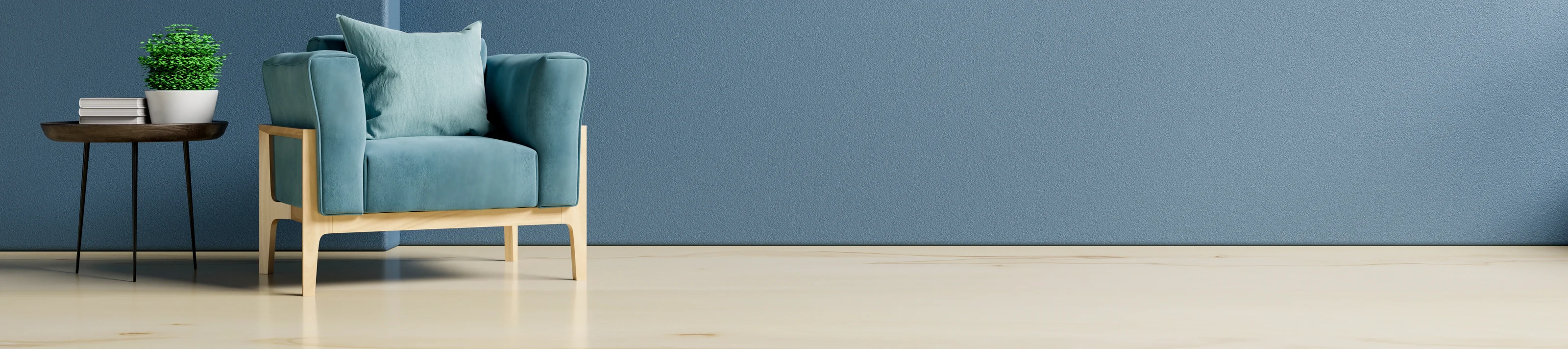 The interior has a armchair on empty dark blue wall background.