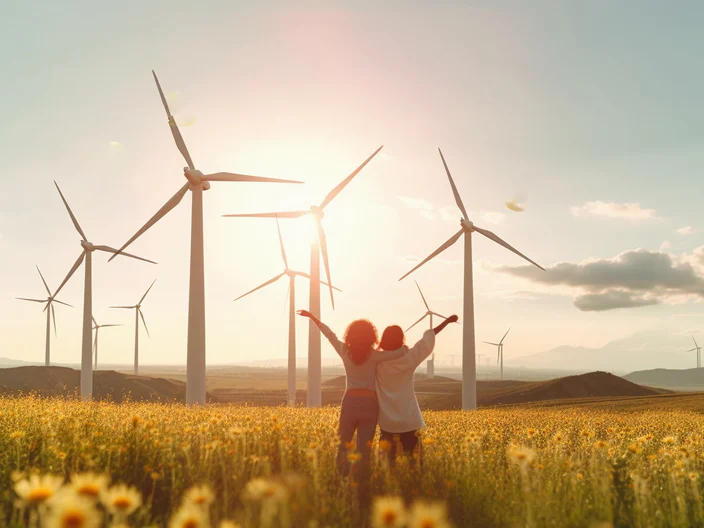 wind clean renewable energy concept, with pretty cheerful women in the field. generative ai