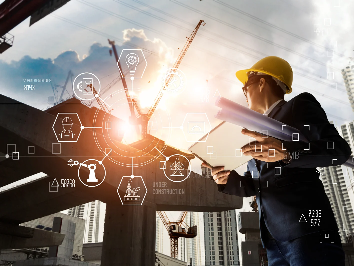 A futuristic architect, Businessman, Industry 4.0. Engineer manager using tablet with icon network connection in construction site, Industrial and innovation. Industry technology concept.