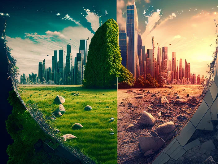 Two halves of the view of the earth as a green natural living and ecological and destroyed