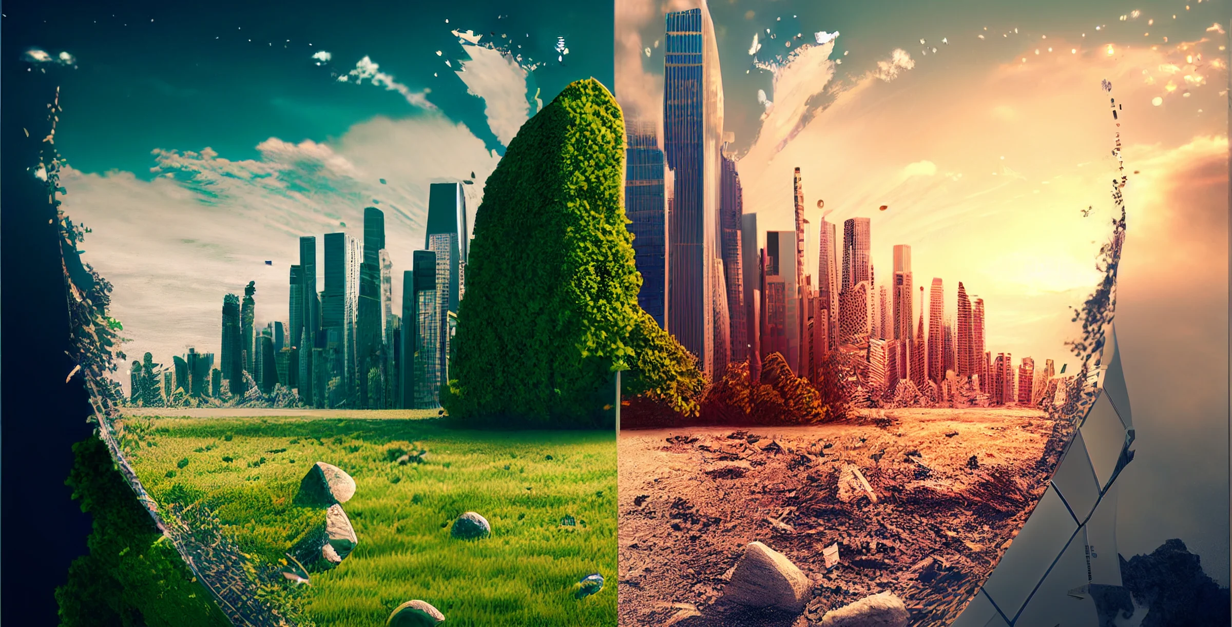 Two halves of the view of the earth as a green natural living and ecological and destroyed